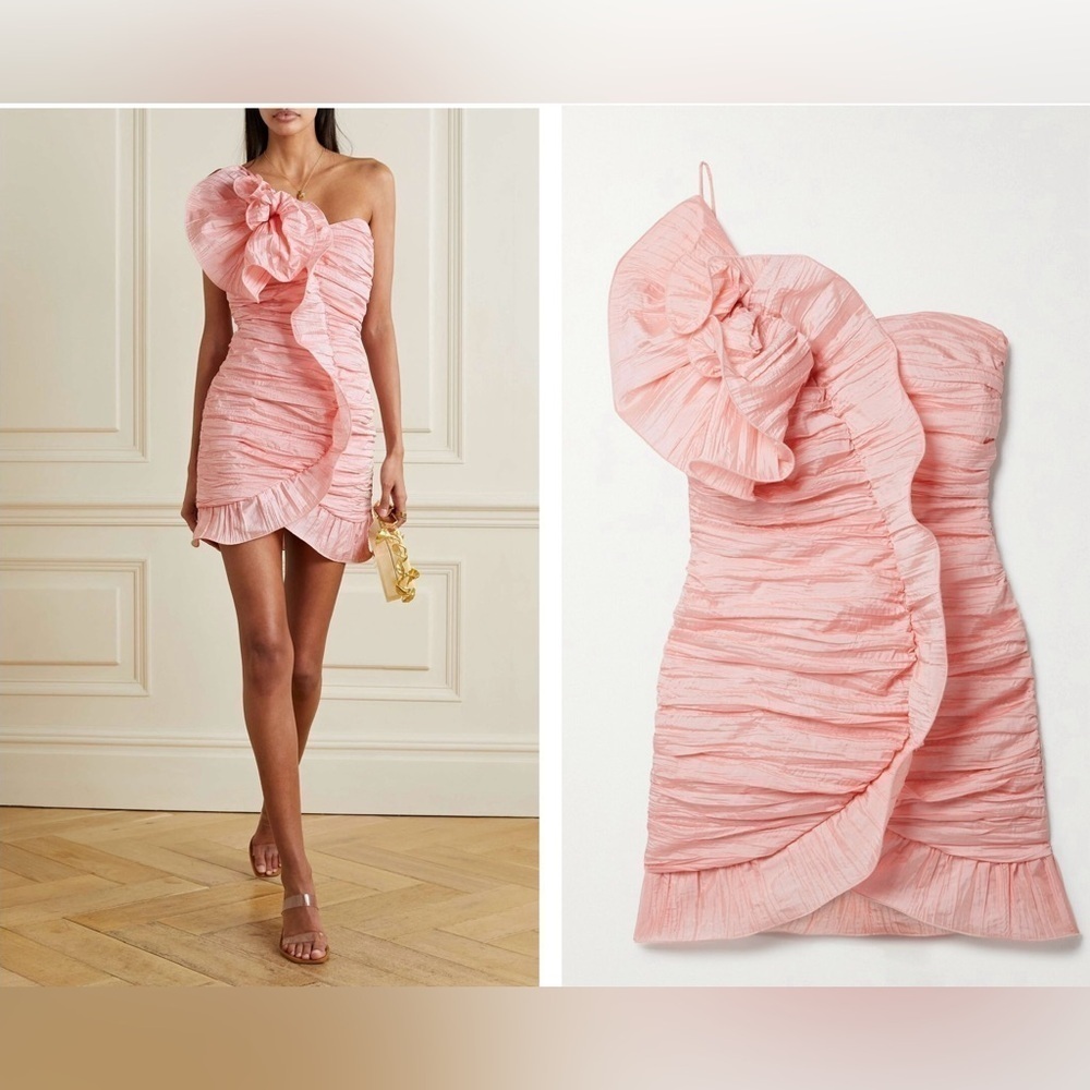 LoveShackFancy Pink Ruffled One-Shoulder Mini Dress